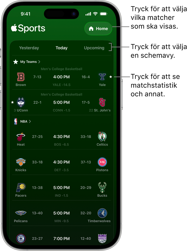 Resultatinformation i appen Apple Sports
