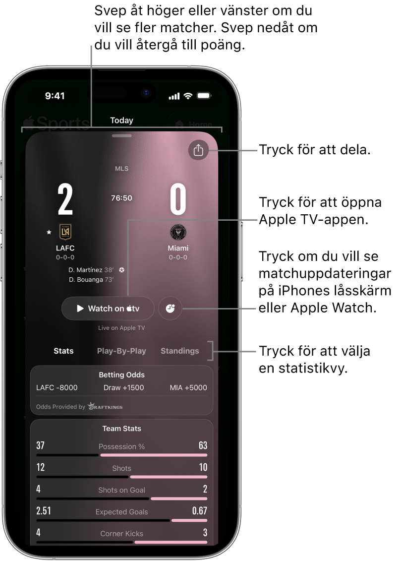 Matchkortsinformation i Apple Sports-appen