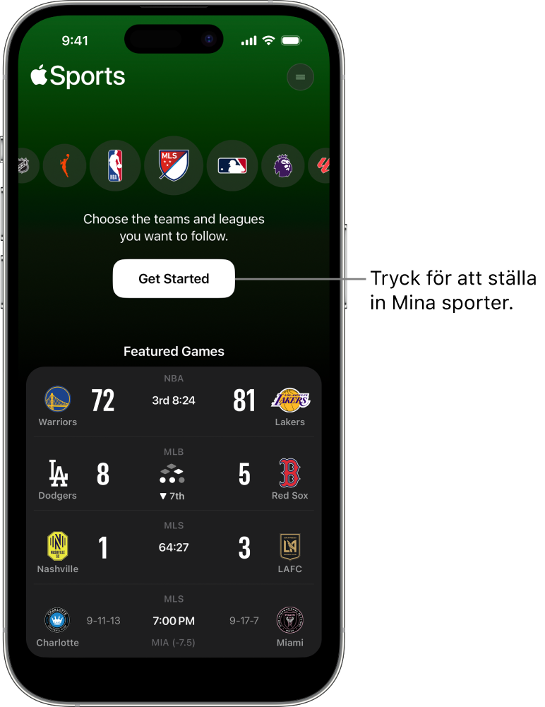 Kom igång-skärmen i Apple Sports-appen