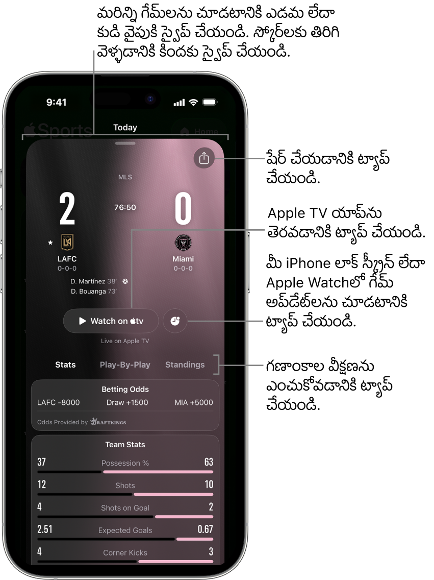 Apple Sports యాప్లో గేమ్ కార్డ్ వివరాలు