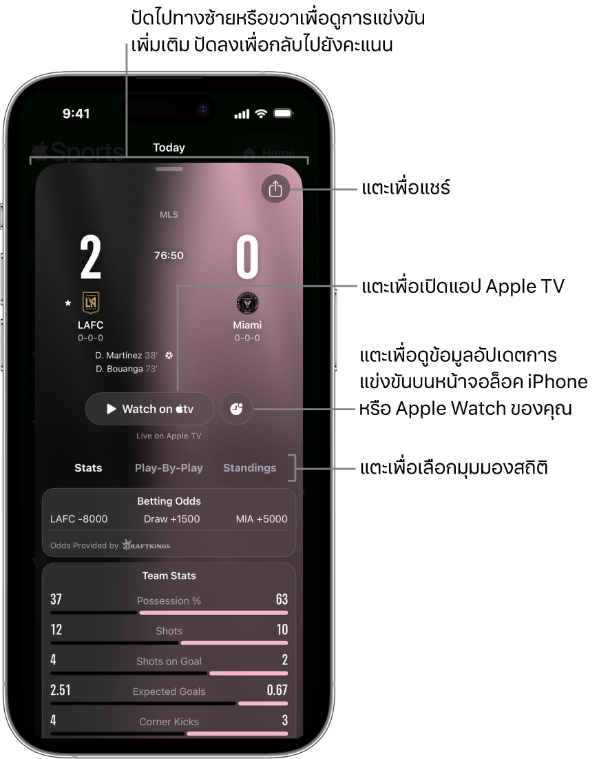 รายละเอียดบัตรการแข่งขันในแอป Apple Sports