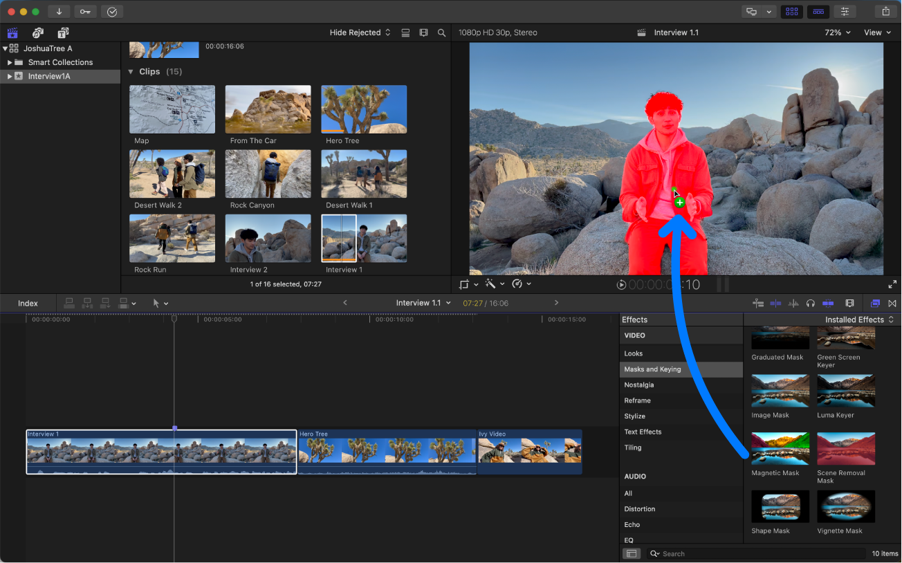 Der Effekt „Magnetische Maske“ wird aus der Übersicht „Effekte“ zu einer Person im Vordergrund des Viewer gezogen. Beim Ziehen des Effekts, wird die Person hervorgehoben, um anzuzeigen, wo „Magnetische Maske“ angewendet wird.