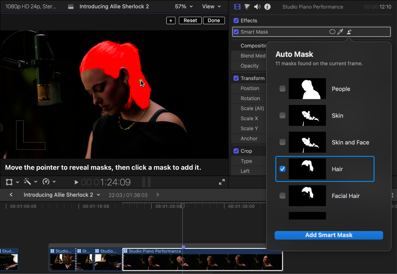 Der Viewer links mit dem hervorgehobenen Maskenbereich und das geöffnete Informationsfenster „Video“ rechts mit dem Menü „Automatische Maske“ und einer ausgewählten Maske