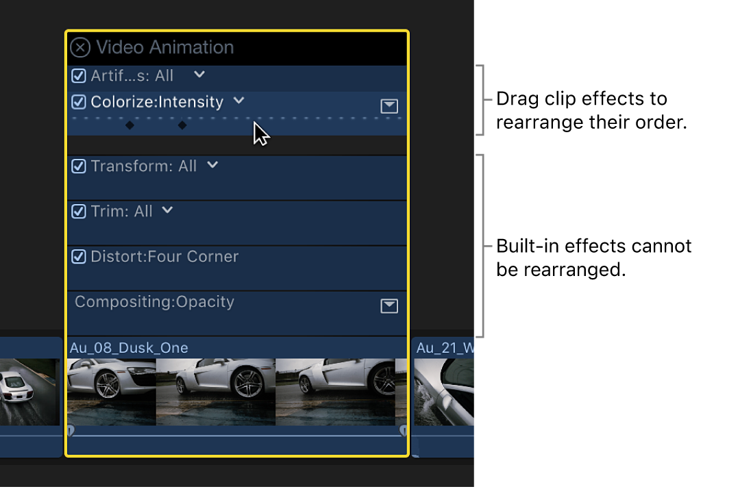 Ein Effekt im Videoanimations-Editor wird an eine neue Position verschoben