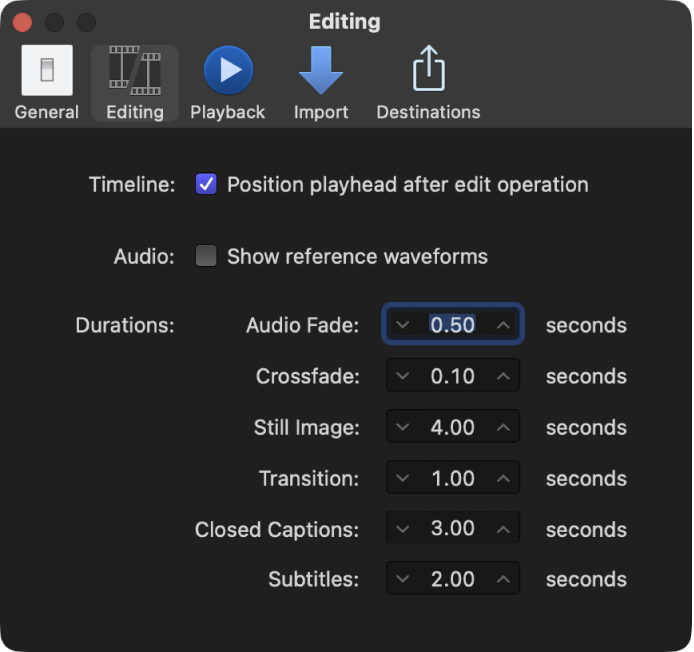 Bereich „Bearbeitung“ im Final Cut Pro-Fenster „Einstellungen“