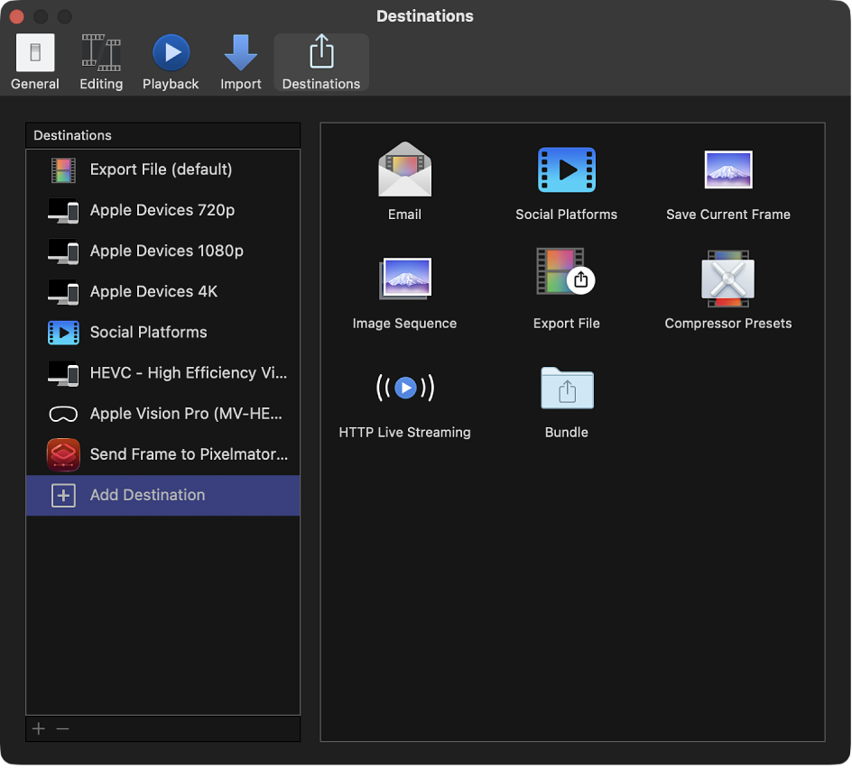 Der Bereich „Ziele“ im Final Cut Pro-Fenster „Einstellungen“