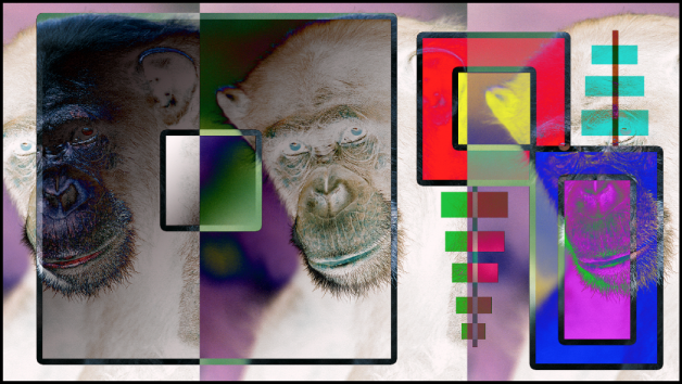 The boxes and chimpanzee images blended using the Difference blend mode