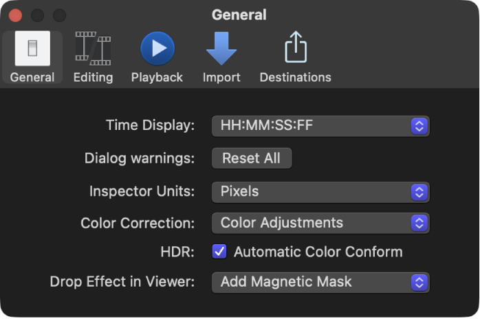 The General pane of the Final Cut Pro Settings window