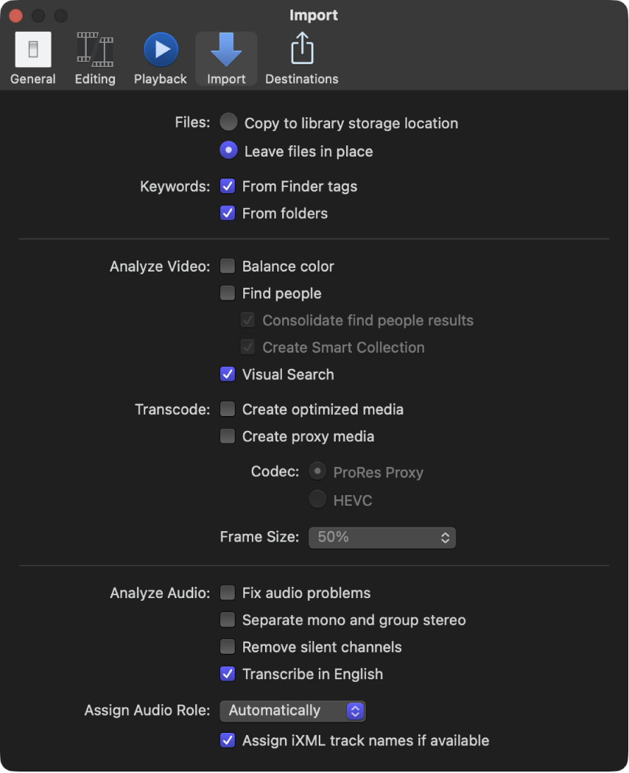 The Import pane of the Final Cut Pro Settings window