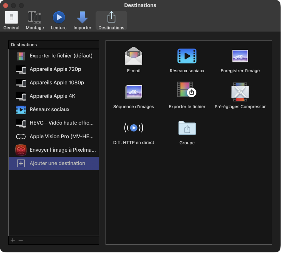 Sous-fenêtre Destinations de la fenêtre Réglages de Final Cut Pro