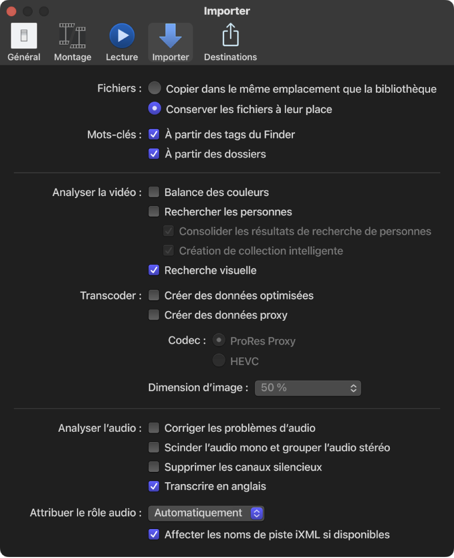 Sous-fenêtre Importation de la fenêtre Réglages de Final Cut Pro