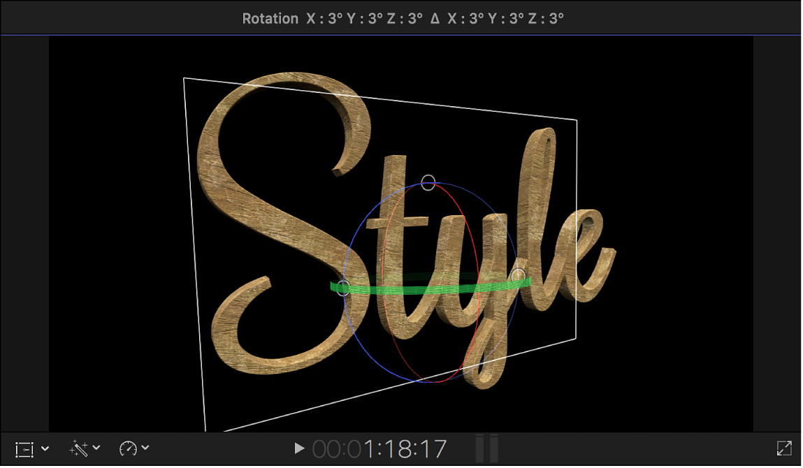 Titre 3D dans le visualiseur, en rotation dans l’espace 3D pour afficher une vue latérale