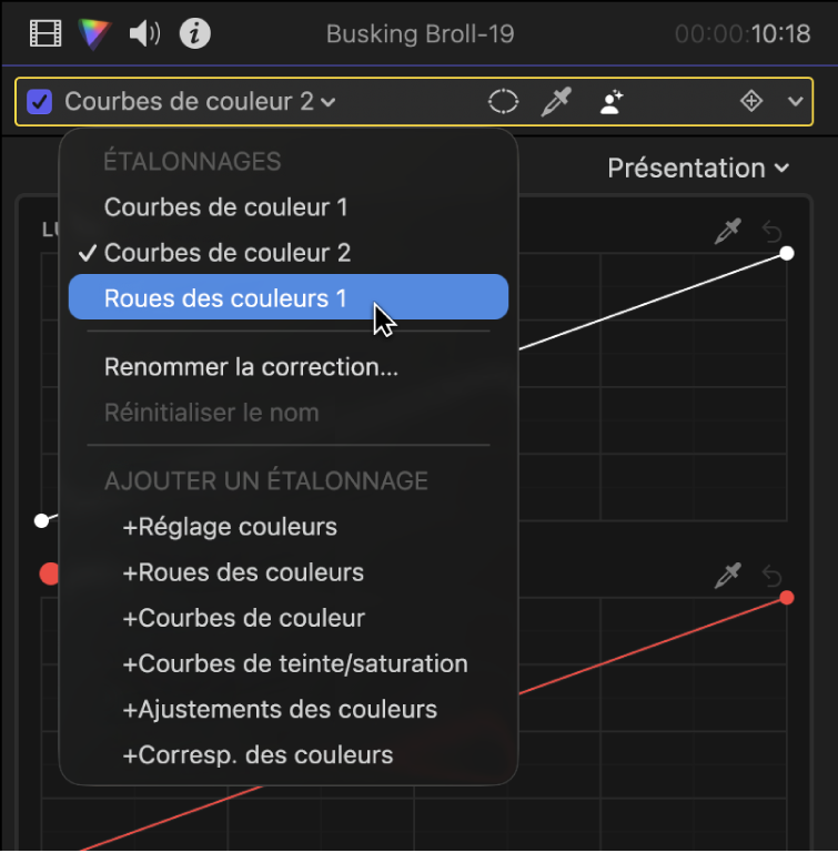 Menu local situé en haut de l’inspecteur de couleur affichant les effets d’étalonnage qui ont été ajoutés à un plan