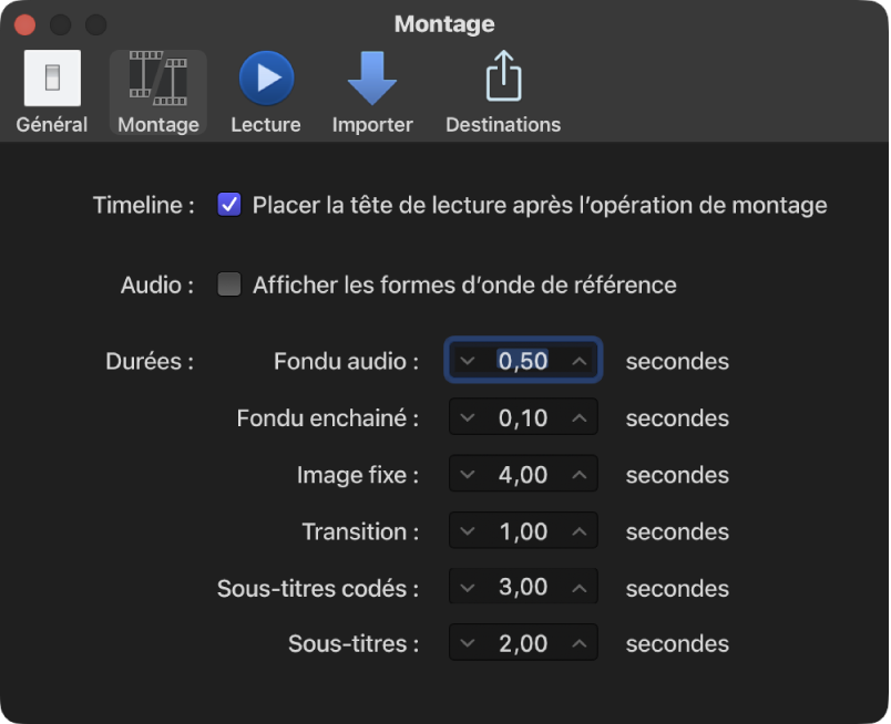 Sous-fenêtre Montage de la fenêtre Réglages de Final Cut Pro