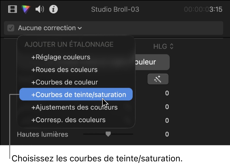 Courbes de teinte/saturation choisies dans la section Ajouter une correction du menu local situé en haut de l’inspecteur de couleur