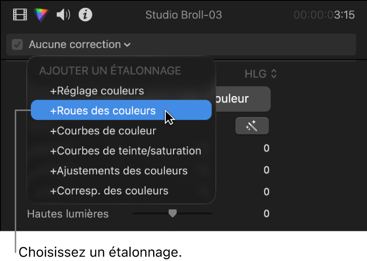 Section Ajouter une correction du menu local situé en haut de l’inspecteur de couleur affichant les effets d’étalonnage