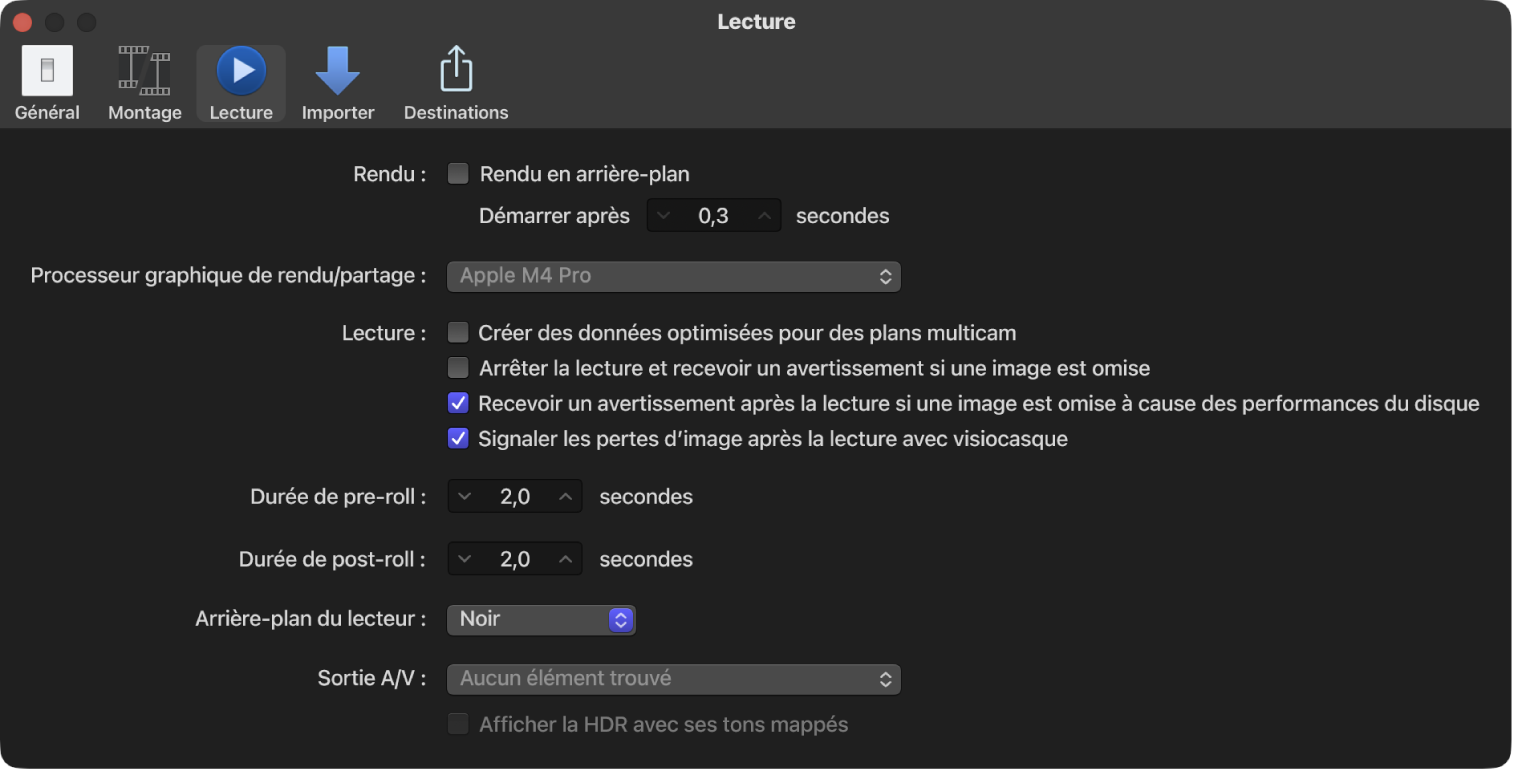 Sous-fenêtre Lecture de la fenêtre Réglages de Final Cut Pro