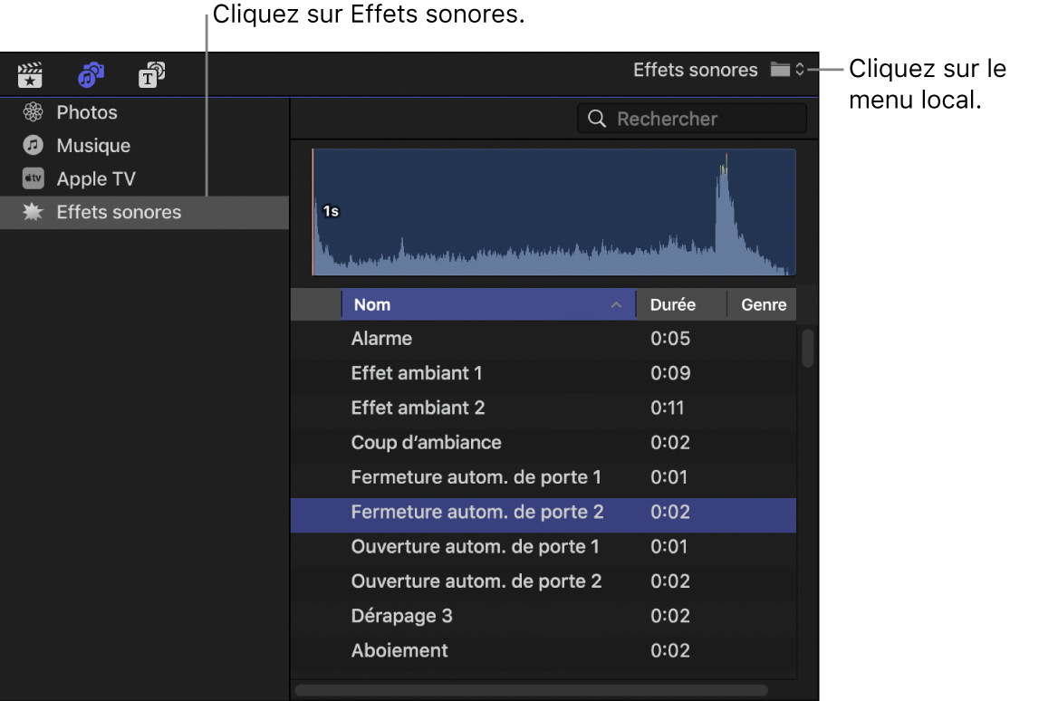 Barre latérale « Photos, vidéos et audio » affichant la catégorie « Effets sonores » sélectionnée, et navigateur ouvert sur la liste des plans d’effets sonores