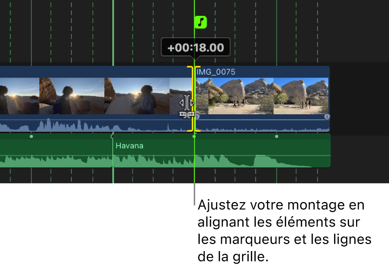 Timeline affichant un montage Roll en cours d’alignement sur un temps de la grille des temps