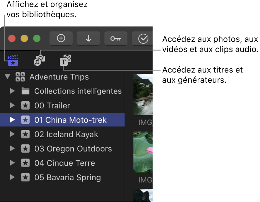 Les trois boutons dans le coin supérieur gauche de la fenêtre de Final Cut Pro permettant d’ouvrir les fenêtres de la barre latérale