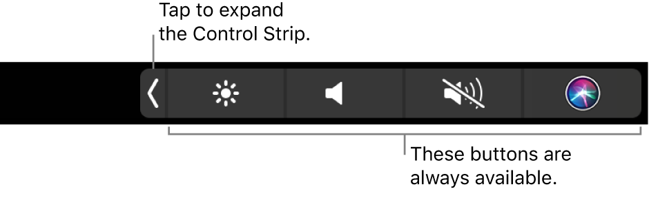 Touch Bar의 오른쪽에 있는 기본 Control Strip 버튼