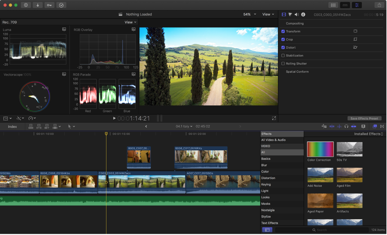 비디오 스코프 디스플레이, 뷰어, 인스펙터, 타임라인 및 효과 브라우저가 표시된 Final Cut Pro 주 윈도우
