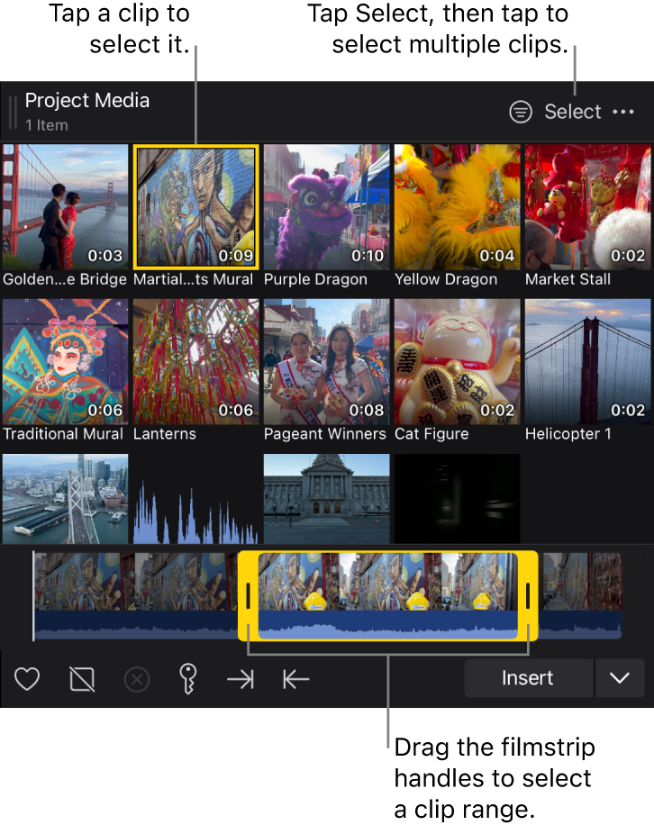 El explorador multimedia mostrando un clip seleccionado y su tira de fotogramas en la parte de abajo con un intervalo seleccionado, y el botón Seleccionar para elegir varios clips al mismo tiempo.