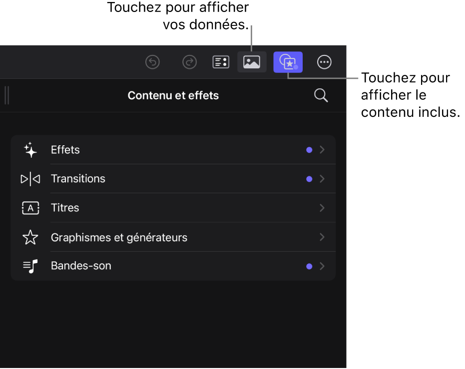Les boutons « Navigateur multimédia » et « Navigateur de contenu » dans la barre d’outils, avec le bouton « Navigateur de contenu » sélectionné et le navigateur en dessous montrant des effets vidéo.