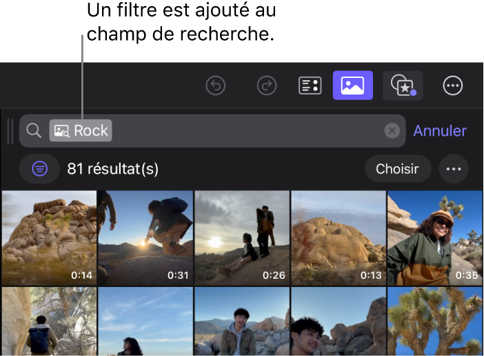 Champ de recherche avec un filtre pour les visuels correspondant au mot « Rock » et navigateur affichant 81 plans correspondant au filtre de recherche.