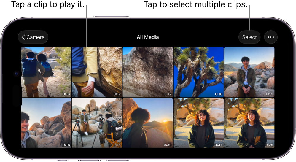 The All Media screen in Final Cut Camera, showing video thumbnails, a Select button, and a More button.