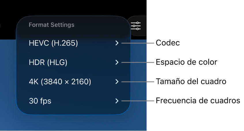 El menú de configuración de formato que muestra, de arriba abajo, la configuración de códec, el espacio de color, el tamaño de fotograma y la frecuencia de fotogramas.