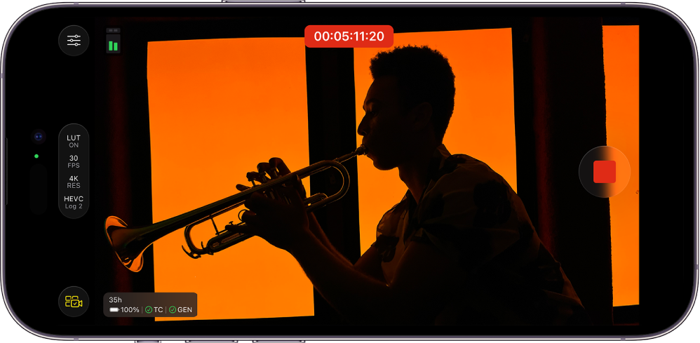 Pantalla de Final Cut Camera con los controles de cámara, una visualización de código de tiempo y el botón Pausar.