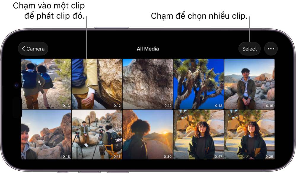 Màn hình Tất cả trong Final Cut Camera, đang hiển thị các hình thu nhỏ video, nút Chọn và nút Khác.