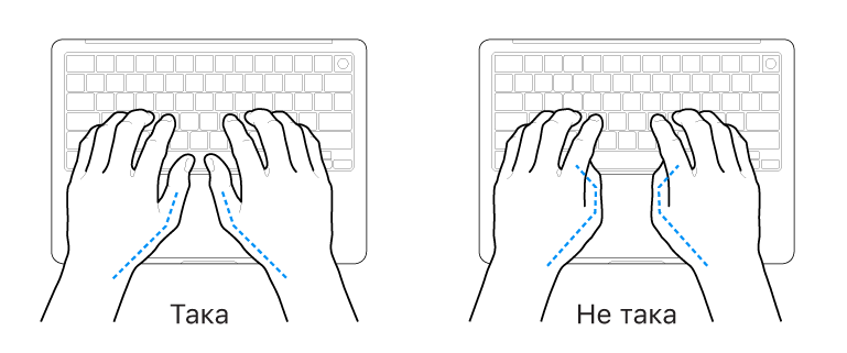 Ръце, разположение над клавиатура, показващи правилно и неправилно положение на палците.