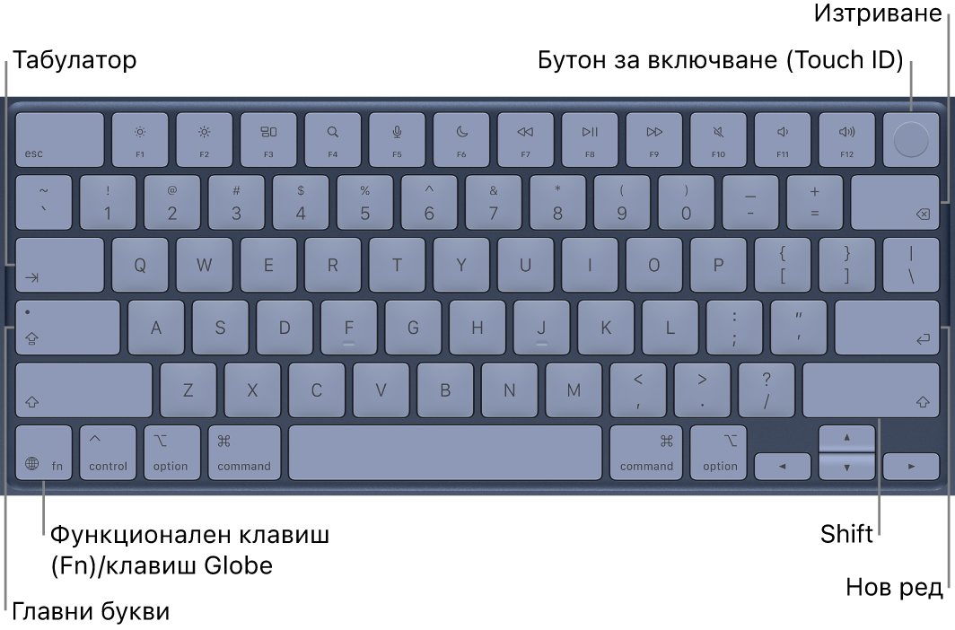 Клавиатура с показани бутон Touch ID в горния десен ъгъл, функционалния клавиш в долния ляв ъгъл и клавишите Tab, Caps Lock, Shift, Delete и Return.