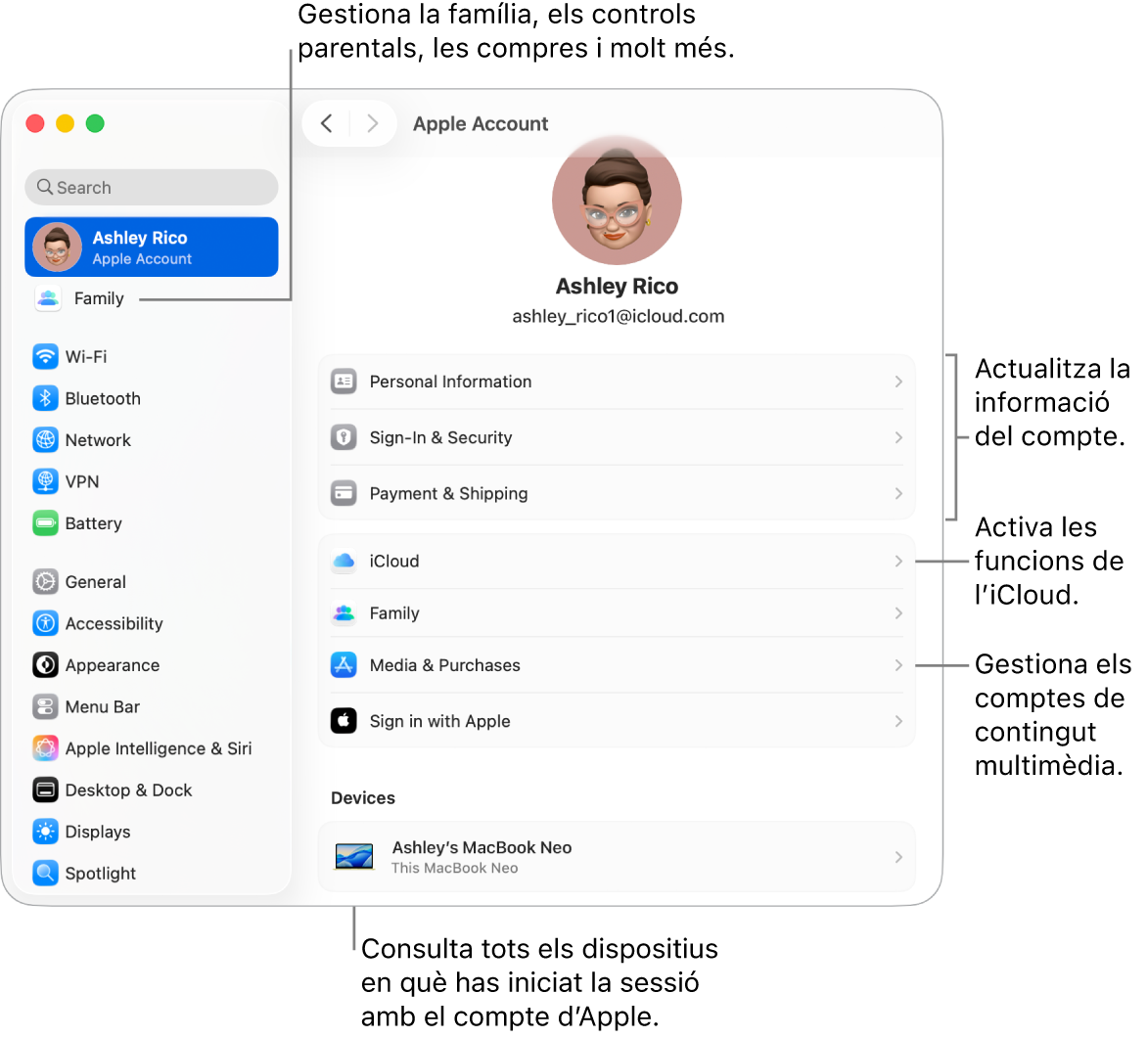 Es mostra la secció del compte d’Apple a la configuració del sistema, amb opcions per actualitzar la informació del compte, activar o desactivar les funcions de l’iCloud, gestionar els comptes de contingut multimèdia i canviar la configuració del grup familiar, per exemple, els membres, els controls parentals i les compres.