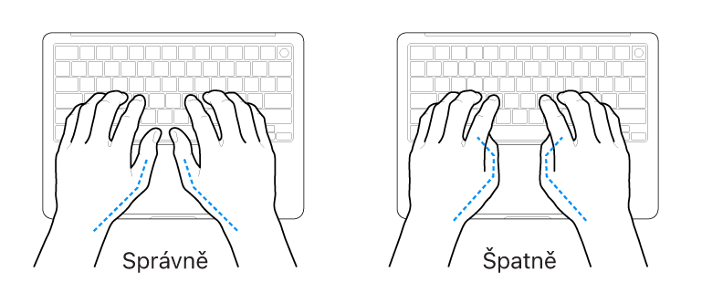 Ruce nad klávesnicí znázorňující správnou a nesprávnou polohu palců