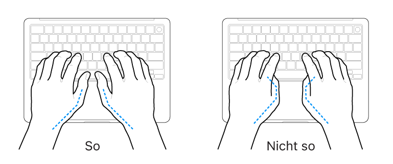 Tastatur und Hände in richtiger und falscher Haltung der Daumen