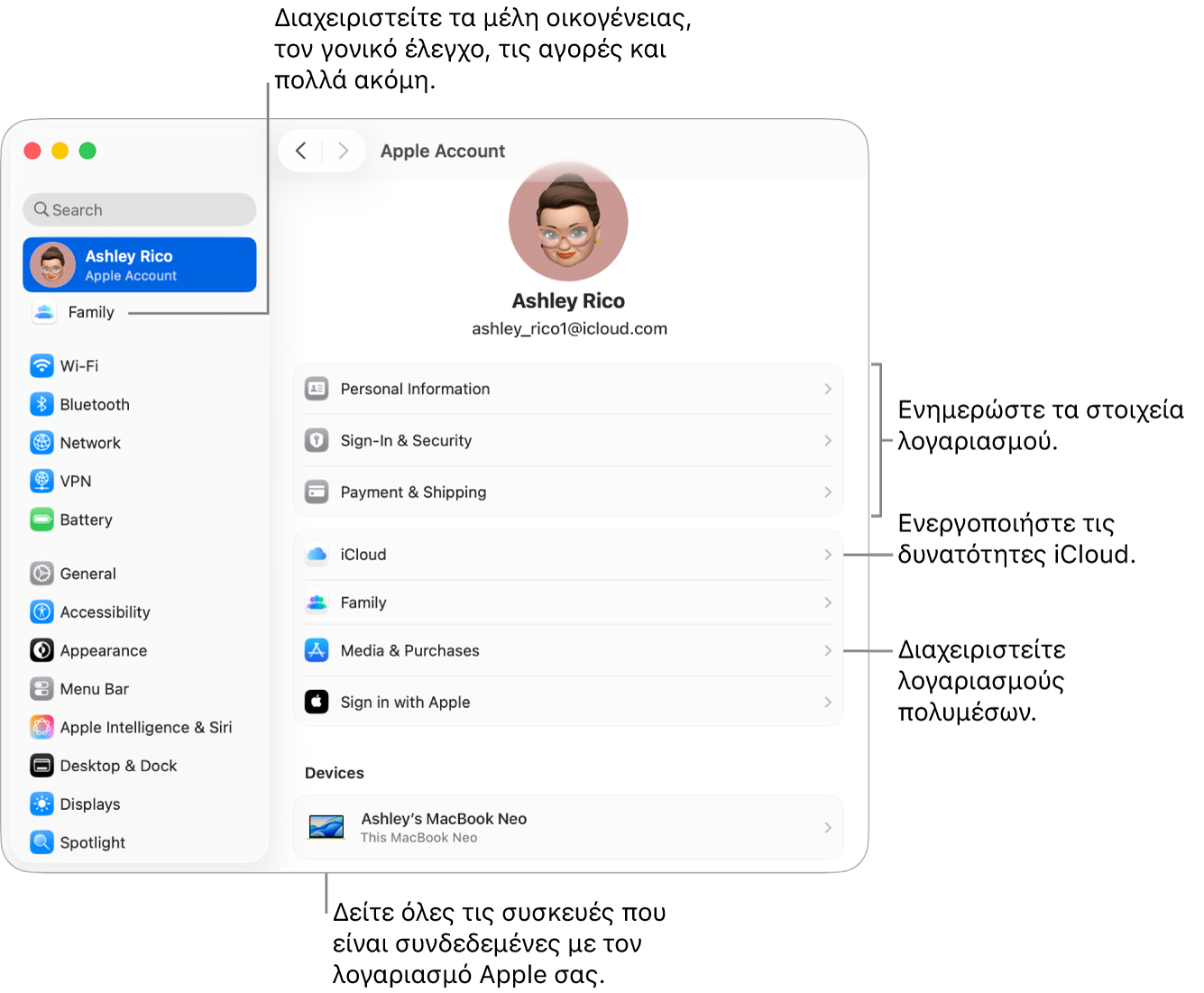 Οι ρυθμίσεις λογαριασμού Apple στις Ρυθμίσεις συστήματος με επεξηγήσεις για ενημέρωση των στοιχείων λογαριασμού, ενεργοποίηση ή απενεργοποίηση δυνατοτήτων iCloud, διαχείριση λογαριασμών πολυμέσων, και προσαρμογή των ρυθμίσεων Οικογένειας όπου μπορείτε να διαχειριστείτε τα μέλη οικογένειας, τον γονικό έλεγχο, τις αγορές και πολλά άλλα.