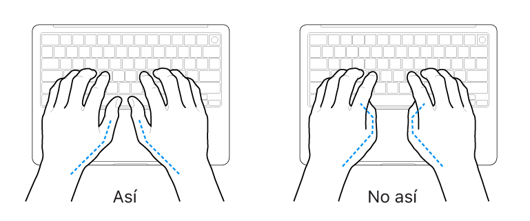 Manos colocadas sobre un teclado que muestran una posición correcta e incorrecta de los pulgares.