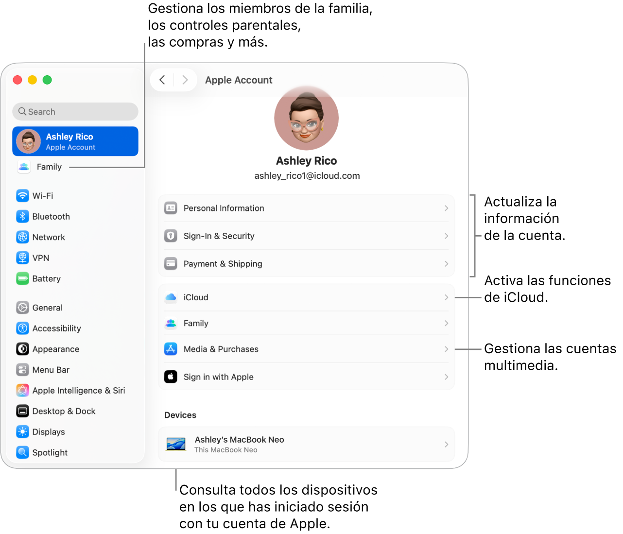 Los ajustes de “Cuenta de Apple”, situados en Ajustes del Sistema con indicaciones para actualizar la información de la cuenta, activar o desactivar las funciones de iCloud, gestionar las cuentas de redes sociales y modificar los ajustes de Familia, donde puedes gestionar los miembros que la componen, el control parental, las compras y mucho más.