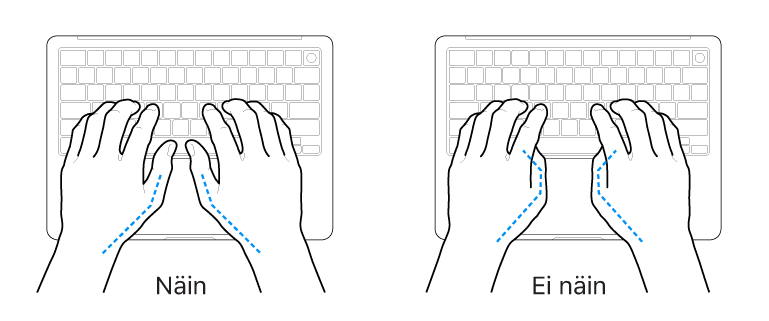 Kädet näppäimistön yllä havainnollistavat peukaloiden oikeaoppista ja virheellistä asentoa.