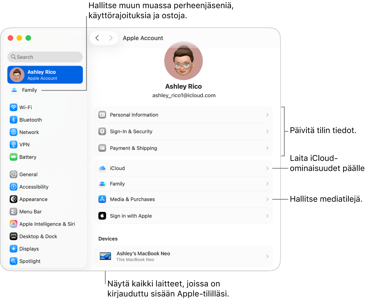Järjestelmäasetusten Apple-tili-asetukset ja selitteet tilin tietojen päivittämiseen, iCloud-ominaisuuksien laittamiseen päälle tai pois päältä sekä mediatilien hallintaan. Lisäksi Perhe-osio, jossa voit hallita perheenjäseniä, käyttörajoituksia, ostoja ja muita ominaisuuksia.