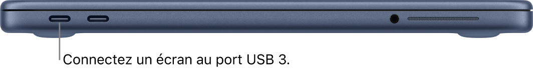 Le port USB 3 d’un MacBook Neo, avec les instructions pour connecter un écran au port USB 3.