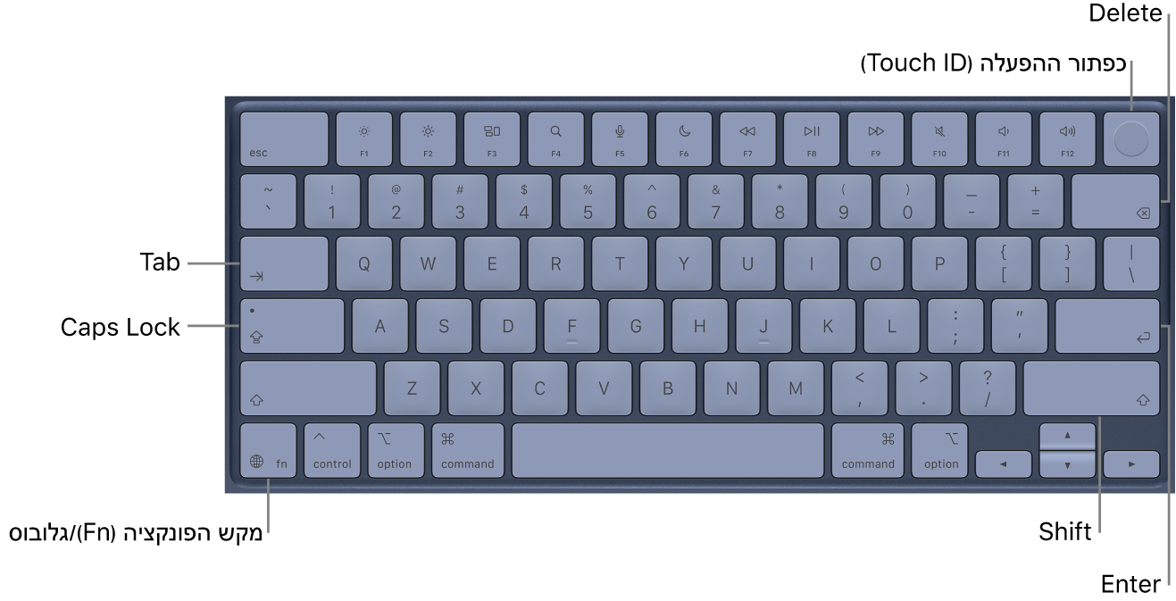 מקלדת מציגה את כפתור ה-Touch ID בפינה הימנית העליונה, את מקש הפונקציה בפינה השמאלית התחתונה, ואת המקשים Tab, ‏Caps Lock, ‏Shift, ‏Delete ו-Return.
