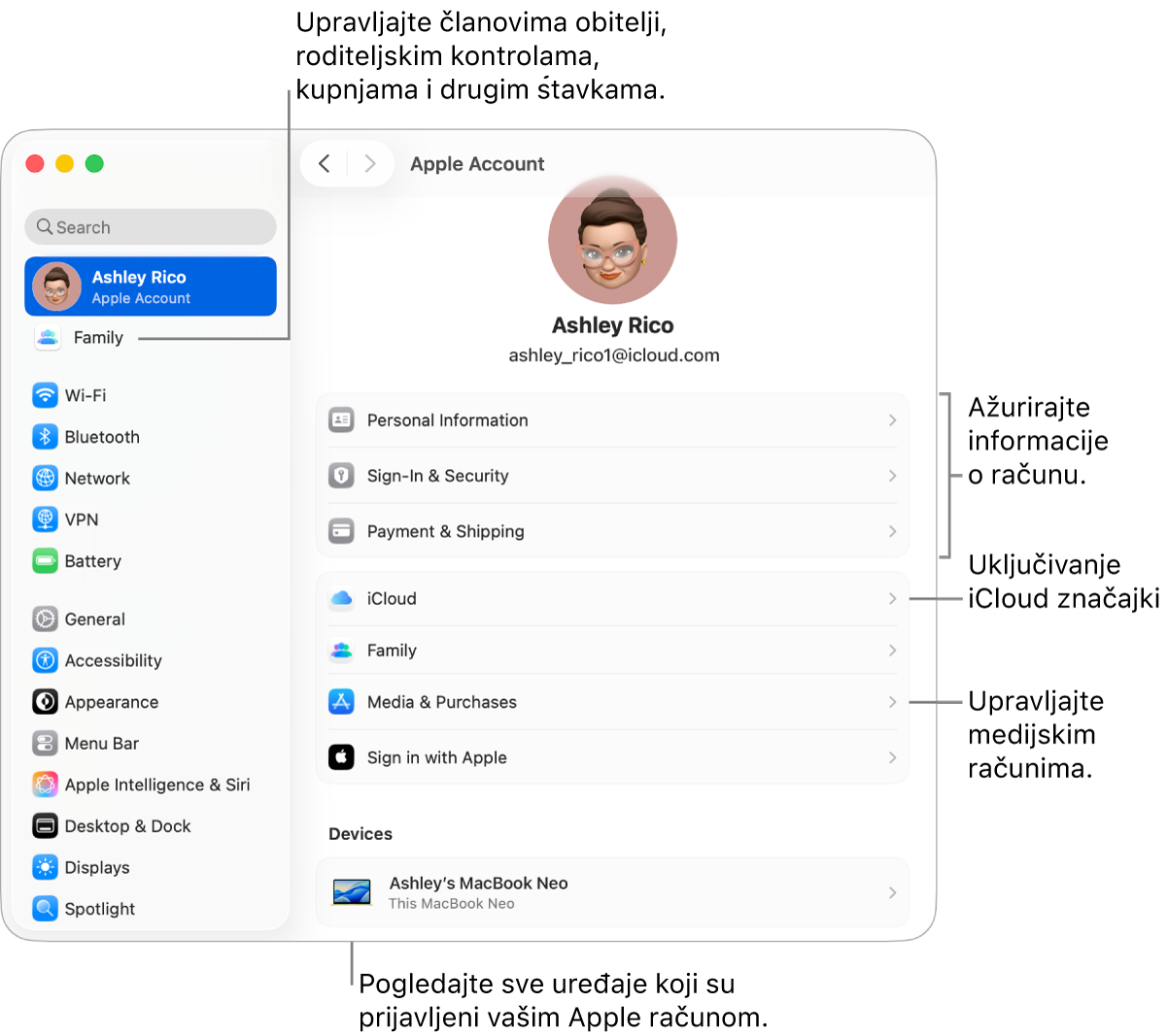 Postavke Apple računa u Postavkama sustava s oblačićima za ažuriranje informacija o računu, uključivanje ili isključivanje značajki iClouda, upravljanje medijskim računima i podešavanje postavki Obitelji, gdje možete upravljati članovima obitelji, roditeljskim kontrolama, kupnjama i ostalim.