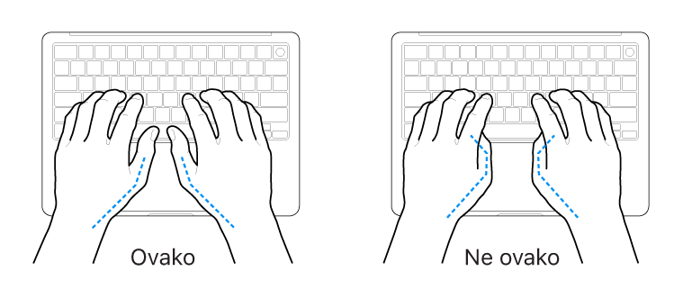 Ruke položene na tipkovnicu s prikazom pravilnog i nepravilnog položaja palaca.