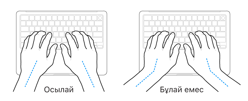 Білек пен қолдың дұрыс және дұрыс емес туралауын көрсетіп тұрған үстінде қолдар бар пернетақта.