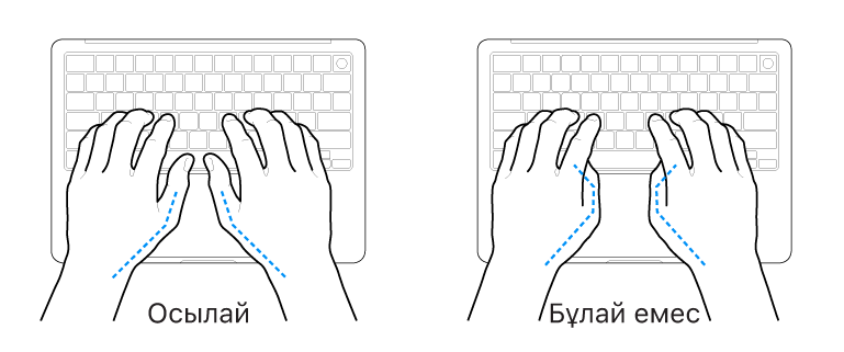 Бас бармақтардың дұрыс және дұрыс емес орналасуын көрсетіп тұрған пернетақта үстіне қойылған қолдар.