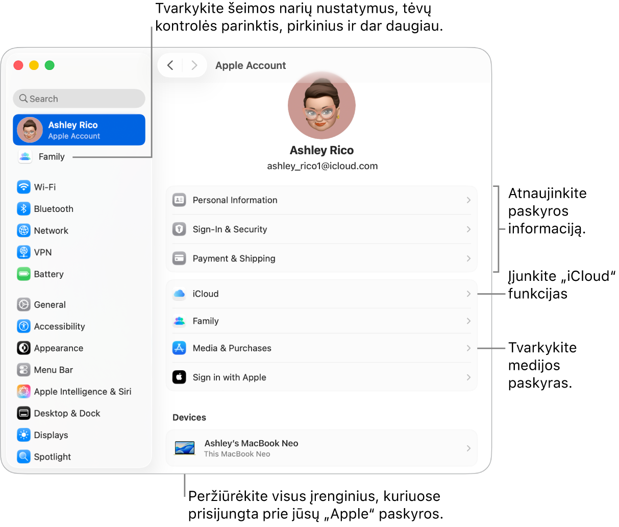 Skiltyje „System Settings“ (sistemos nustatymai) pateikiami „Apple“ paskyros nustatymai su nuorodomis į parinktis, skirtas atnaujinti paskyros informaciją, įjungti arba išjungti „iCloud“ funkcijas, tvarkyti medijos paskyras, ir koreguoti šeimos nustatymus (tvarkyti šeimos narius, tėvų kontrolę, pirkinius ir kt.).
